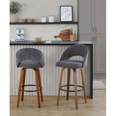 Tabouret de bar à hauteur fixe en bois de noyer et tissu gris foncé avec repose-pieds rond en métal noir - ensemble de 2