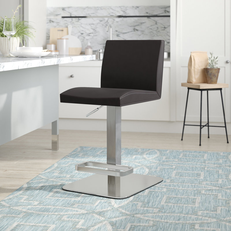 Lopez Swivel Upholstered and Genuine Leather Adjustable Height Bar Stool, Black