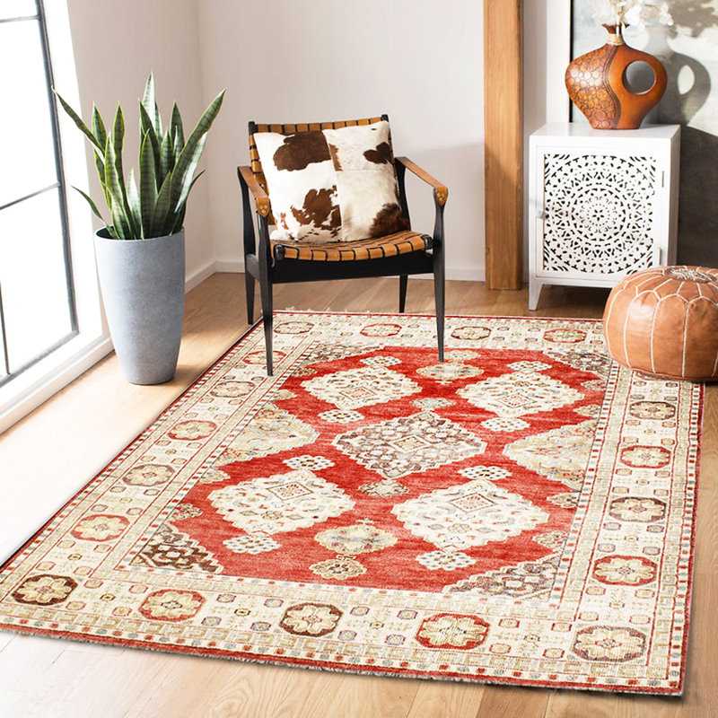 Tapis rouille et beige en laine noué à la main - motif de médaillon géométrique traditionnel fait à la main
