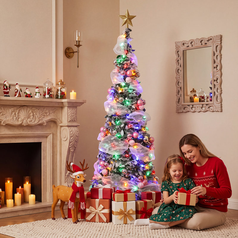 Sapin de Noël artificiel pliable préilluminé de 1,80 m avec 200 lumières DEL multicolores et branches en PVC floqué