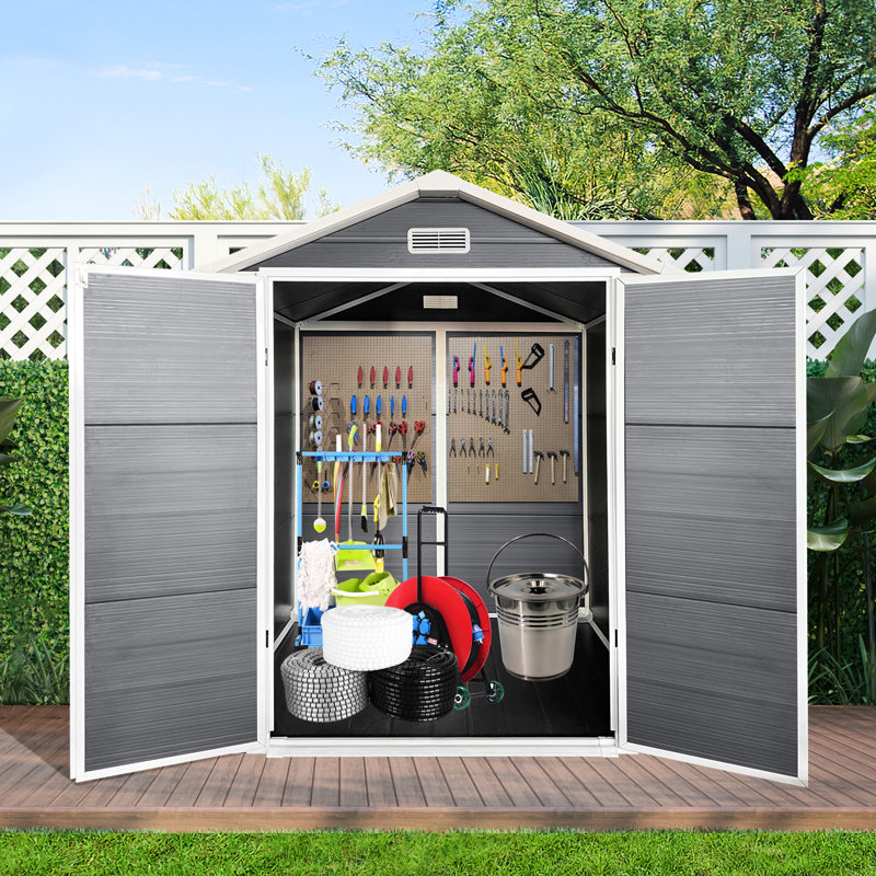 Remise de rangement en plastique grise 6 pi x 6 pi avec plancher, porte verrouillable et ventilation pour porte de patio, jardin et fenêtres