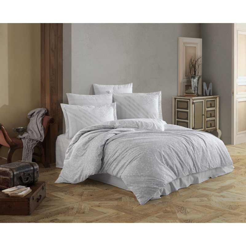 Ensemble de housse de couette 100% coton Jemotte, gris, Housse de couette double TG + 3 pièces supplémen