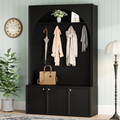 71" Modern Farmhouse Hall Tree with Arched Silhouette, Entryway Storage Bench with 3 Cabinets and 4 Golden Hooks