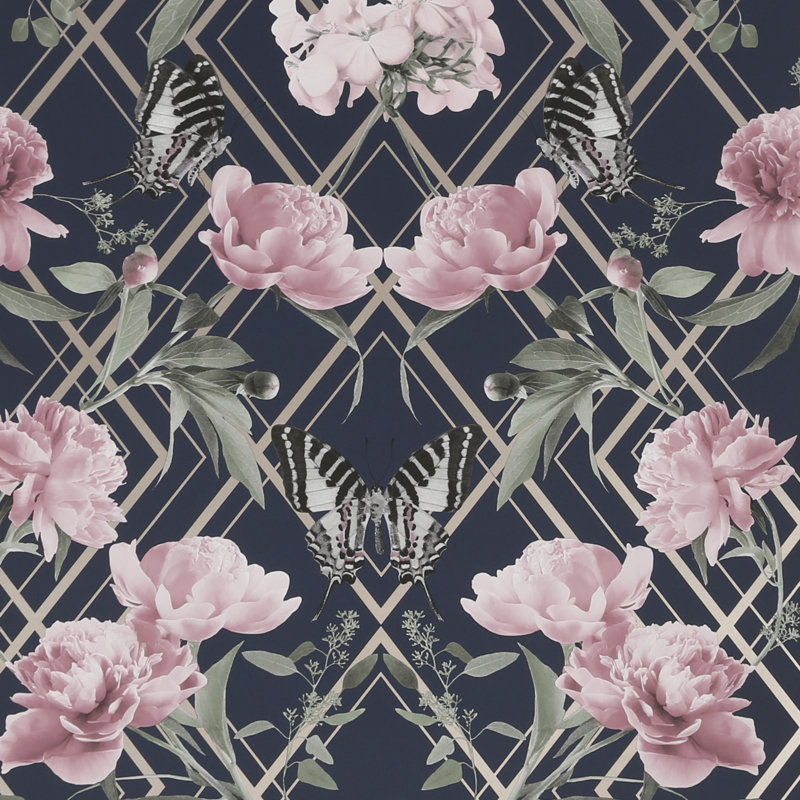Azhanae Floral Metallic Wallpaper Double Roll, Navy/Pink