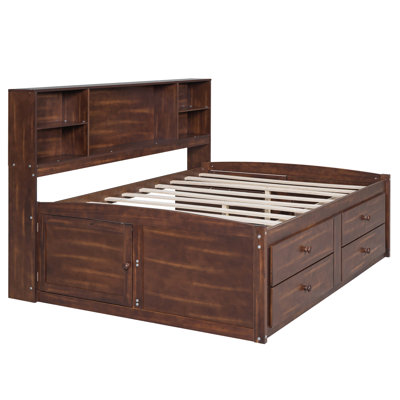 Lit capitaine pleine grandeur en bois avec tablettes de rangement intégrées, 4 tiroirs et 2 armoires, brun antique