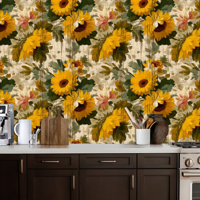 Peel and Stick Wallpaper Contact Paper Vintage Farmhouse Sunflower Print Distressed Wood Textile Design Self Adhesive and Removable 24in x 118in(60x300cm)