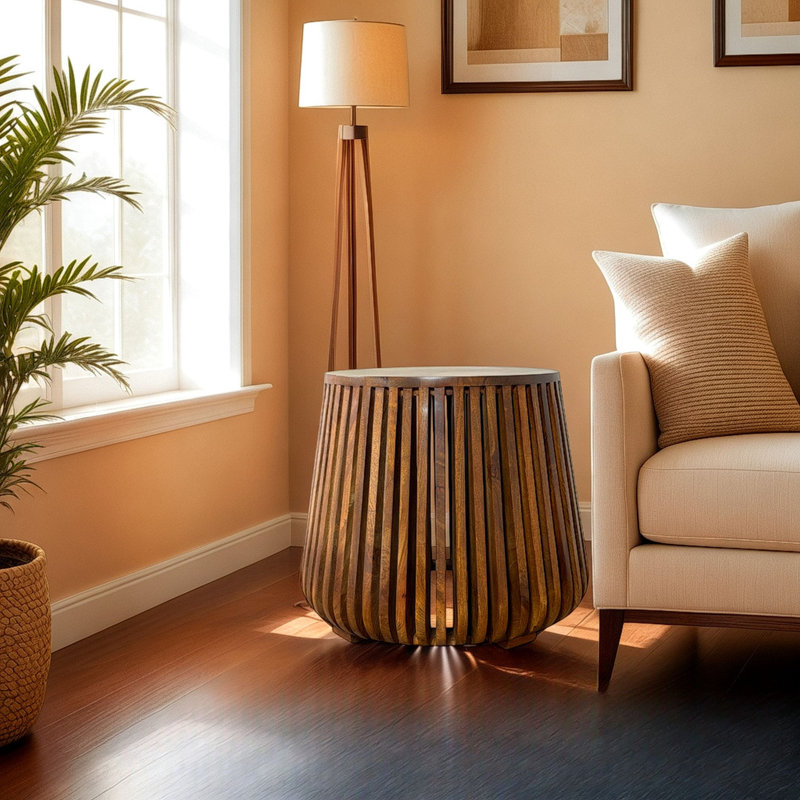Elegant Brown 24" Round Accent Table with Bell-Shaped Layered Slatted Base, Brown
