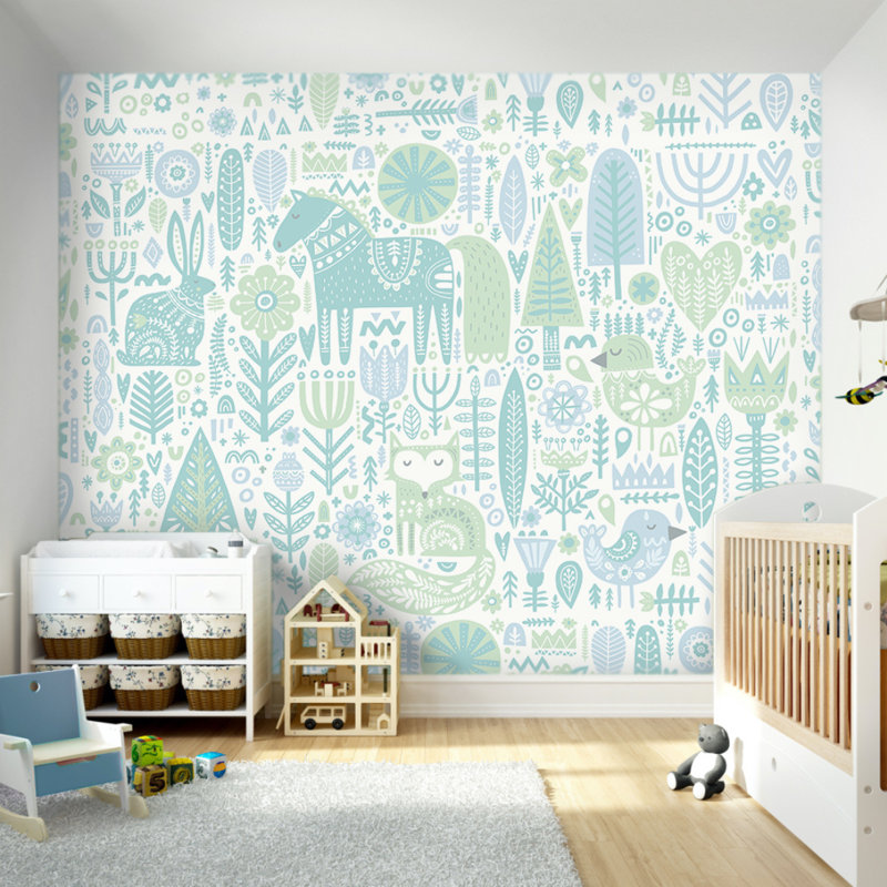 Scandi Forest Animals - Wall Mural, 280cm L x 350cm W , Teal Blue