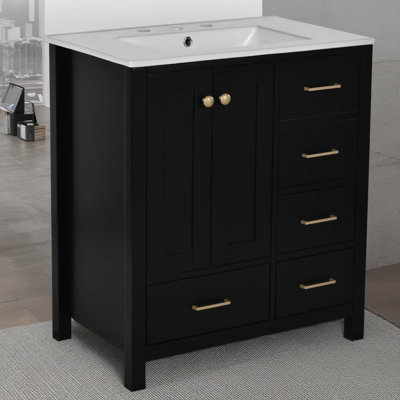 Ensemble de meuble-lavabo autoportant noir de 30 pouces: armoire de rangement à cadre en bois massif avec 4 tiroirs et portes à fermeture douce, jumelée à un ensemble de lavabo en céramique assorti pour un espace de salle de bain ordonné et organisé