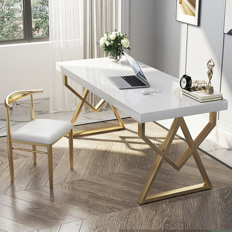 40" Modern White Rectangular Writing Desk With Gold Base