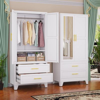 Steel Armoire Wardrobe Closet with Mirror, 71" Metal Clothes Storage Cabinets with 2 Doors, 1 Adjustable Shelf, 2 Drawers, Metal Wardrobe Cabinet with