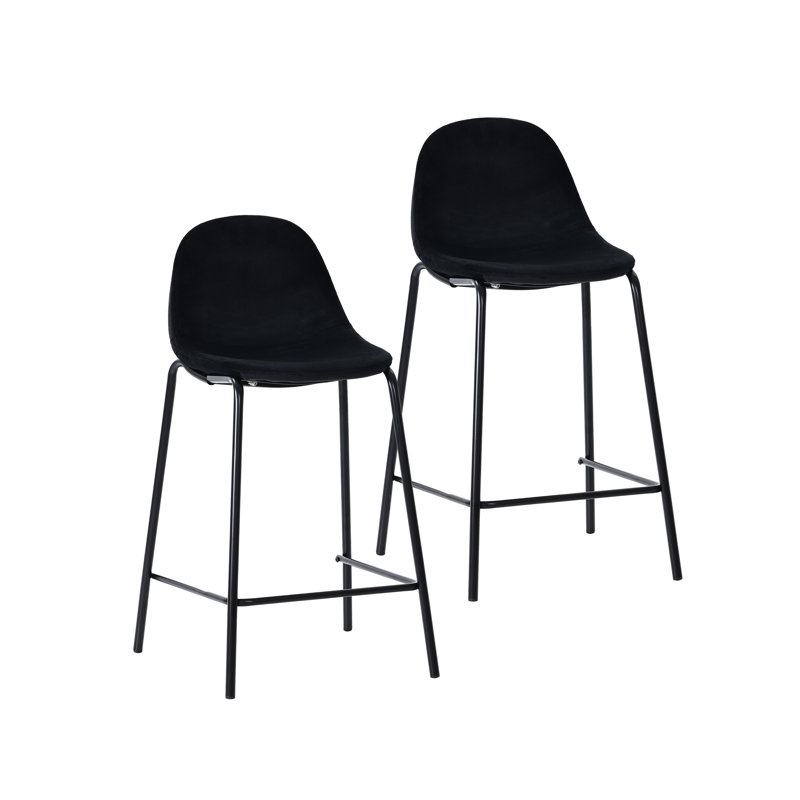 Lazio Velvet Bar Stool with Iron Legs, Black, Bar Stool (29.13” Seat Height)