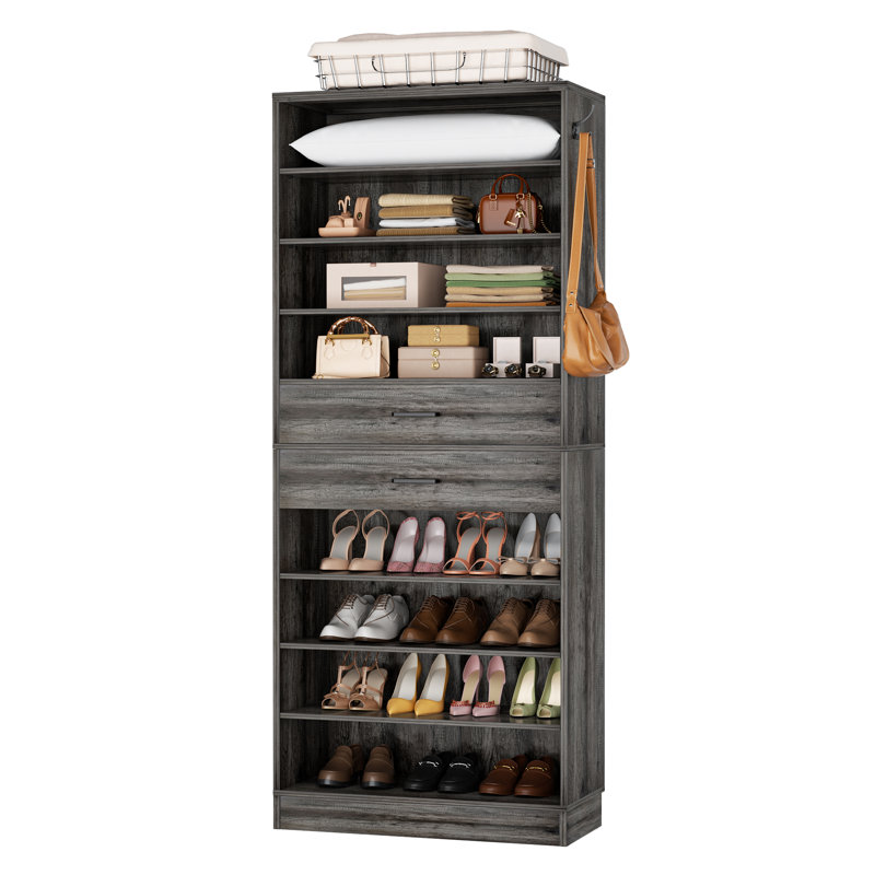 40 Pair Shoe Storage Cabinet, 10-Tier Shoe Rack With Drawers, Gray Oak