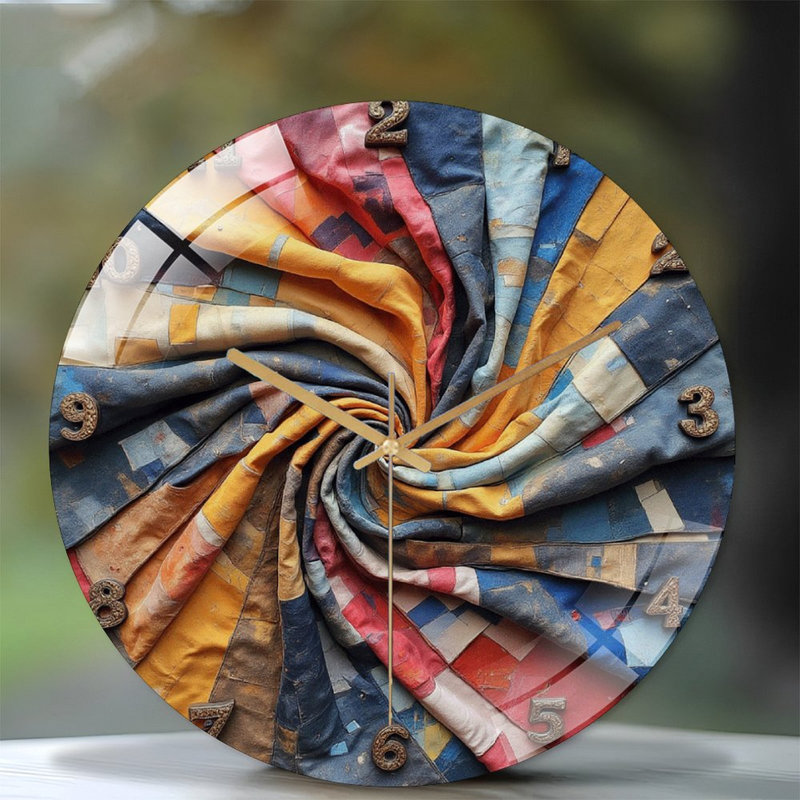 Colorful Spiral Art Fabric Wall Hanging Decoration Art - 12'' Modern Glass Wall Clock
