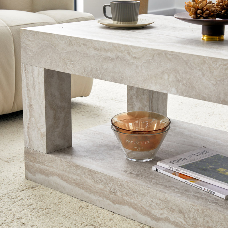 39.4" 2-Tier Mid Century Coffee Table with Storage – Rustic Farmhouse Rectangular Center Table with Thick Tabletop for Living Room, Office, or Apartment in White
