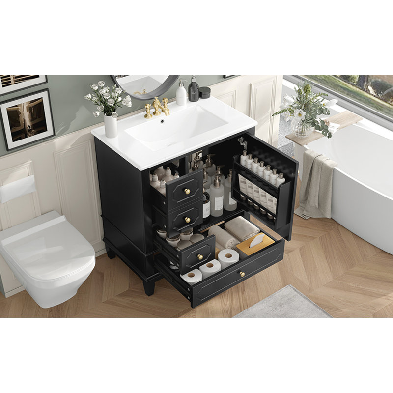 Meuble-lavabo autoportant avec lavabo en céramique, Noir