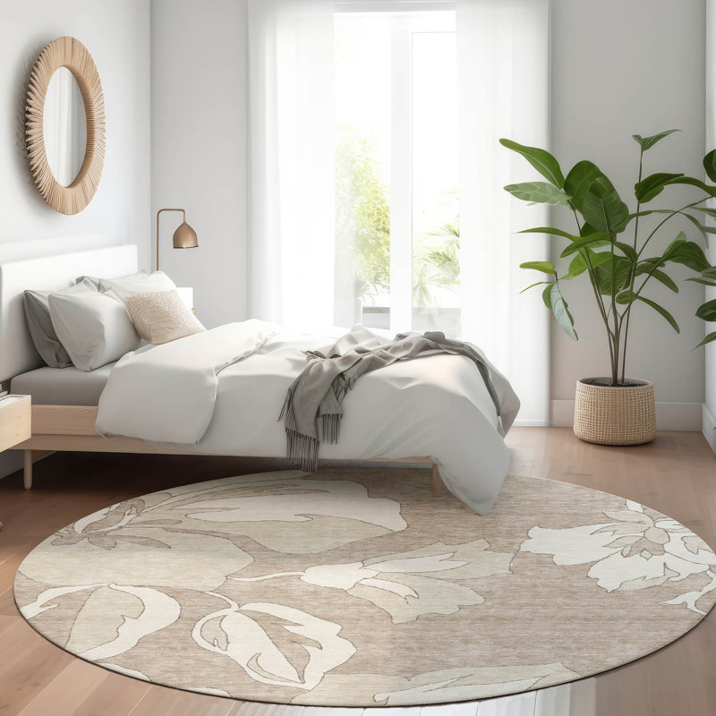 Tapis taupe Prisco lavable à la machine de qualité supérieure, Rond 8 pi
