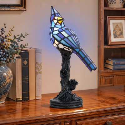 12.6" Blue Bird Stained Glass Table Lamp with Resin Base, E12 1-Light, In-Line ON/OFF Switch, for Bedroom, Living Room, Home Office, Desk, Bird Enthusiasts