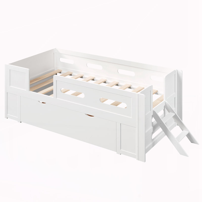 Lit plateforme en bois avec garde-corps et tiroir, Lit simple, Blanc