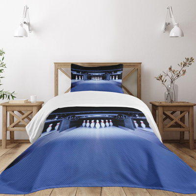 Ambesonne Bowling Party Bedspread Set Symmetrical Pins Blue White Red -  bed_38147_twin