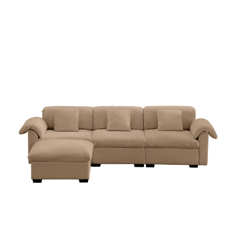 3 canapés modulaires en L à assise profonde avec sièges de rangement et 1 repose-pieds avec rangement, Velours brun clair