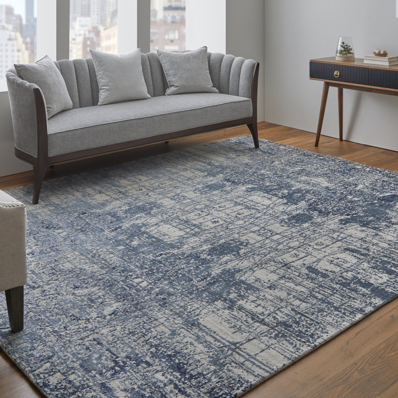 Tapis abstrait en viscose tissé à la main bleu / ivoire, Rectangle de 5 pi x 8 pi