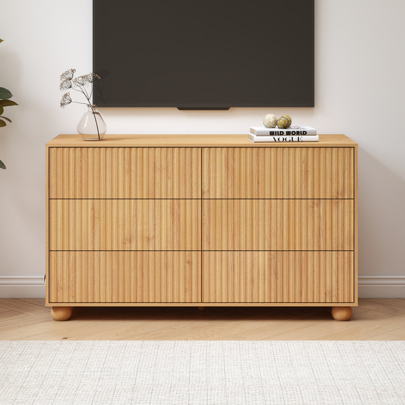 Ashford Fluted 47.2"W Dresser with 6 Drawers, Wooden Chest of Drawers with Rebounder, Natural Oak