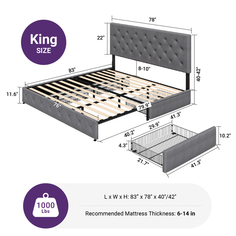 Zelna Upholstered Platform Storage Bed with 4 Drawers and Sleek Button Tufting, King, Light Gray