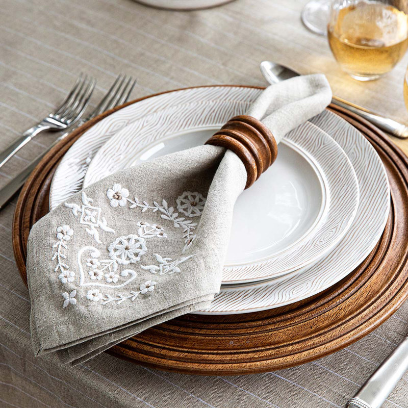 Heidi 22" Taupe Linen Embroidered Napkin Set
