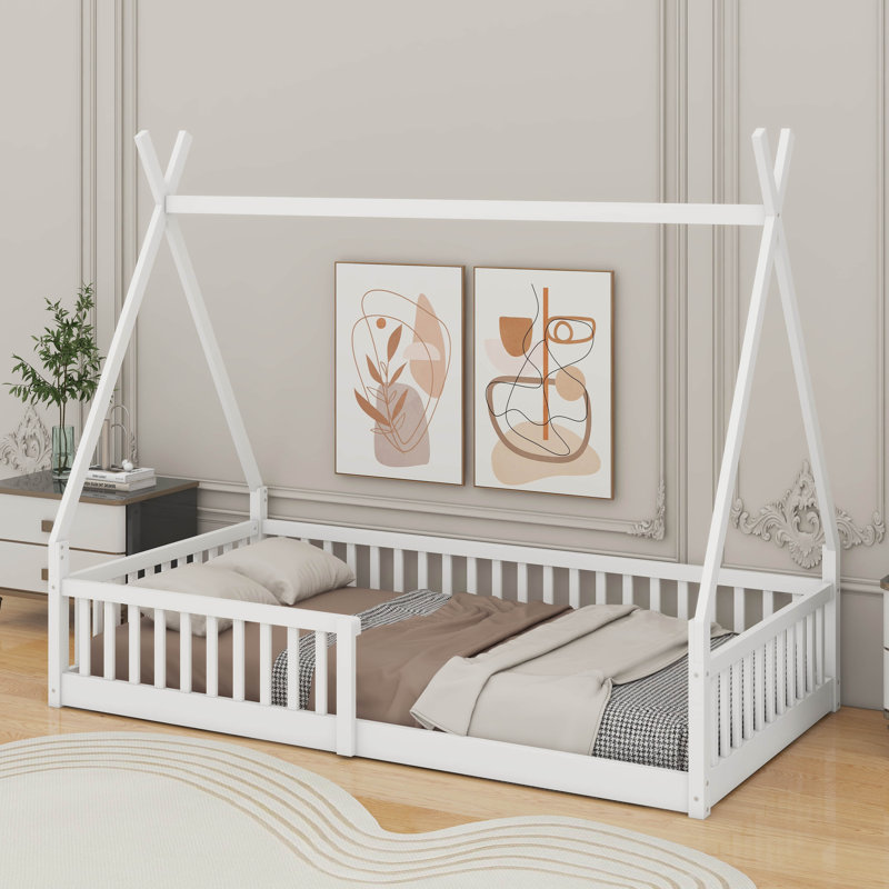 Lit simple en bois avec clôture, Blanc