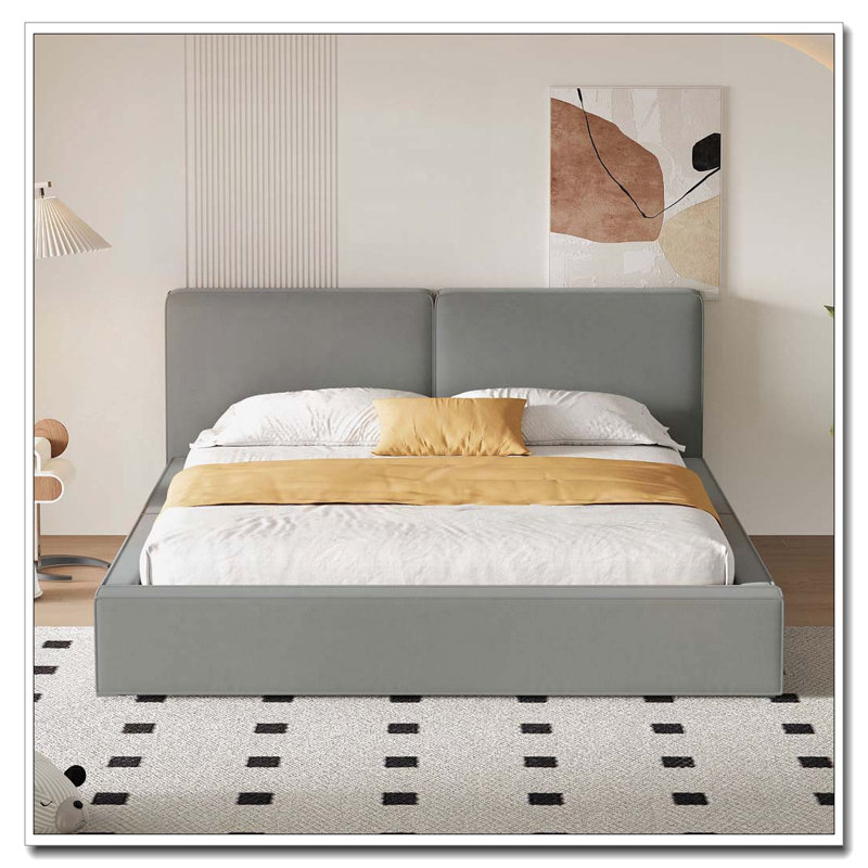 Lit plateforme tapissier avec tissu en velours, lit au sol avec structure solide, Gris