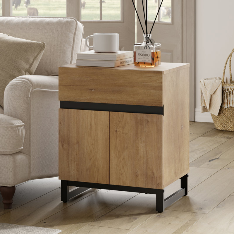Aadam Modern End Table With 1 Drawer & 1 Storage Cabinet, Oak