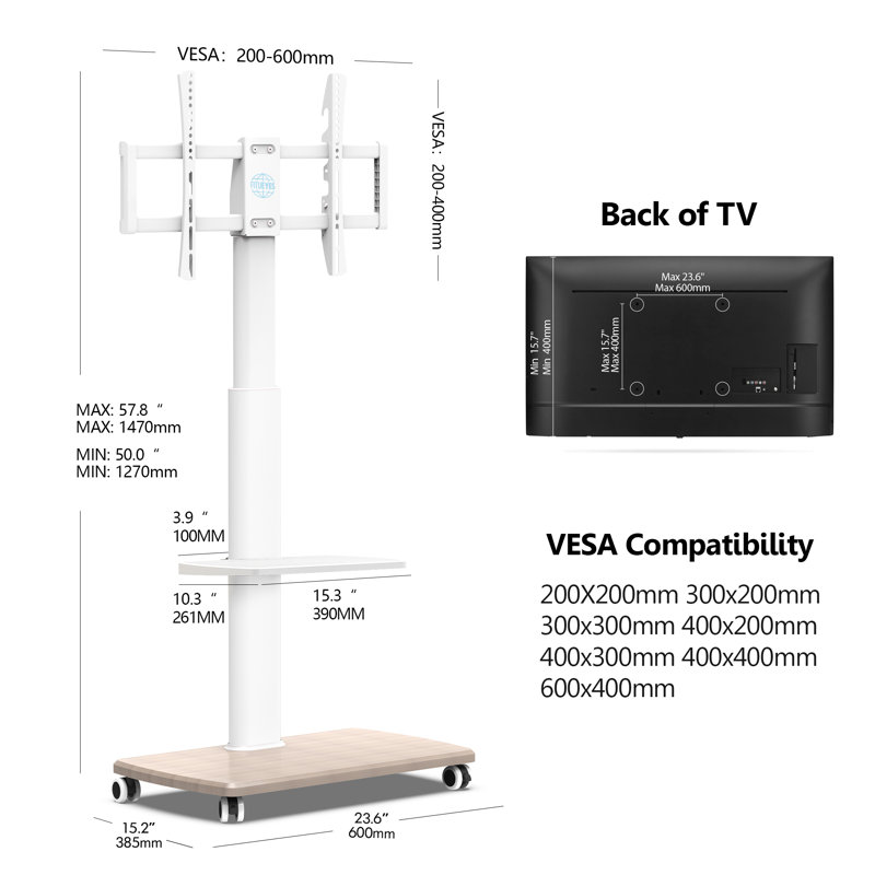 Support de plancher Abbing pour téléviseur de 32 à 70 pouces, réglage de la hauteur, Blanc