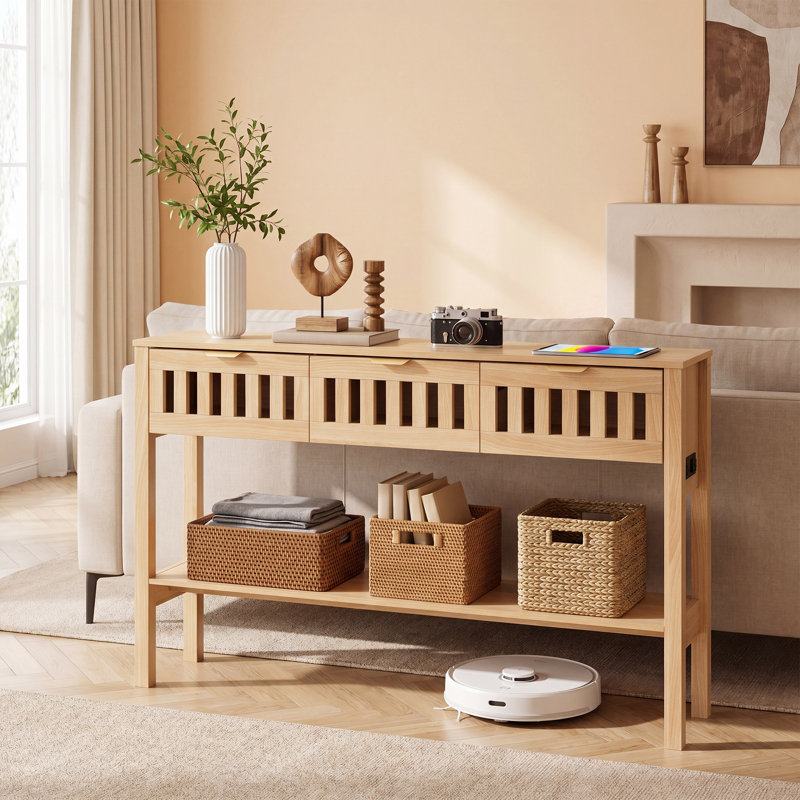  Table d'entrée avec prises de courant et console usb-c rétro à lattes creuses avec 3 tiroirs, table de canapé derrière le canapé pour le salon, couloir, vestibule, 47 po, naturel
