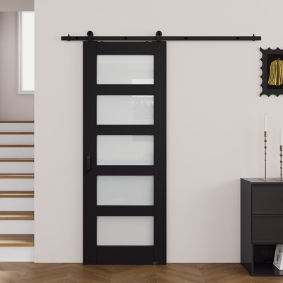 Pre-Finished Black 5-Lite Frosted Glass Sliding Barn Door With Easy-Install Installation Hardware Kit/No Assembly Required
