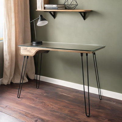 Classic Brown Wood and Glass Writing Desk with Hairpin Legs, Mid-Century Modern Style, 44.5 L x 23 W x 31 H, 100 lb Weight Capacity
