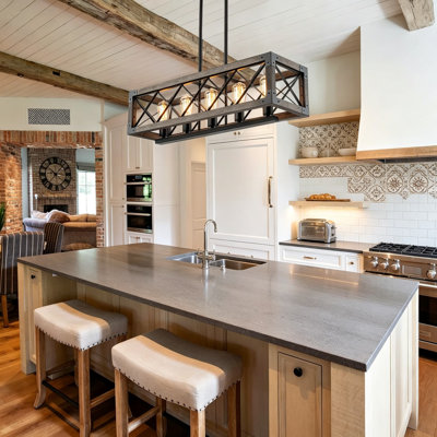32 Inch 5-Light Farmhouse Linear Chandelier, Kitchen Island Lighting With Rustic Wood Grain Finish, Rectangular Pendant Light For Dining Room, Pool Table, Living Room, E26 Base