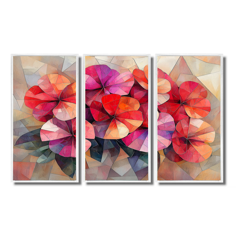 «Geanium Geranium Blossoms Cubist» - art mural géraniums - ensemble de 3, Impression encadrée sans passe-partout, Blanc