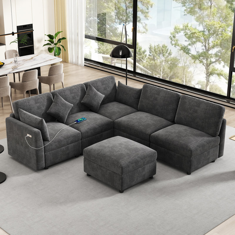 86.6" Sectional Sofa Modular Sofa U-shaped Sofa Couch Sofa Bed L-shaped Sofa with a Movable Ottoman and Two USB Ports for Living Room