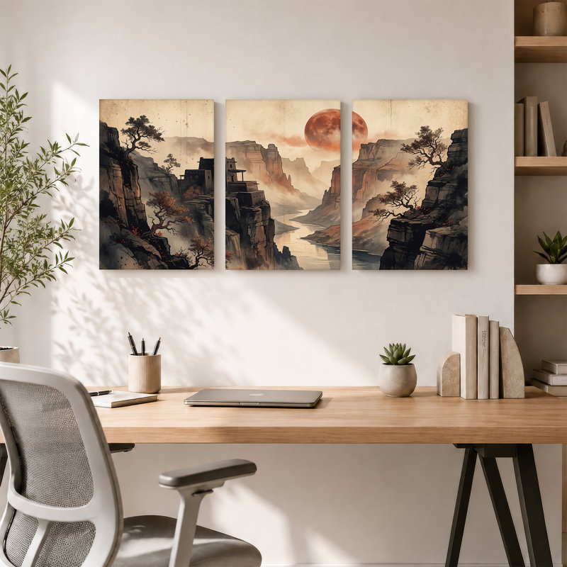"Cliffside Adobe Structure" avec lune rouge et rivière, ensemble de 3 toiles, H 36 po x l 24 po x 3 pièces