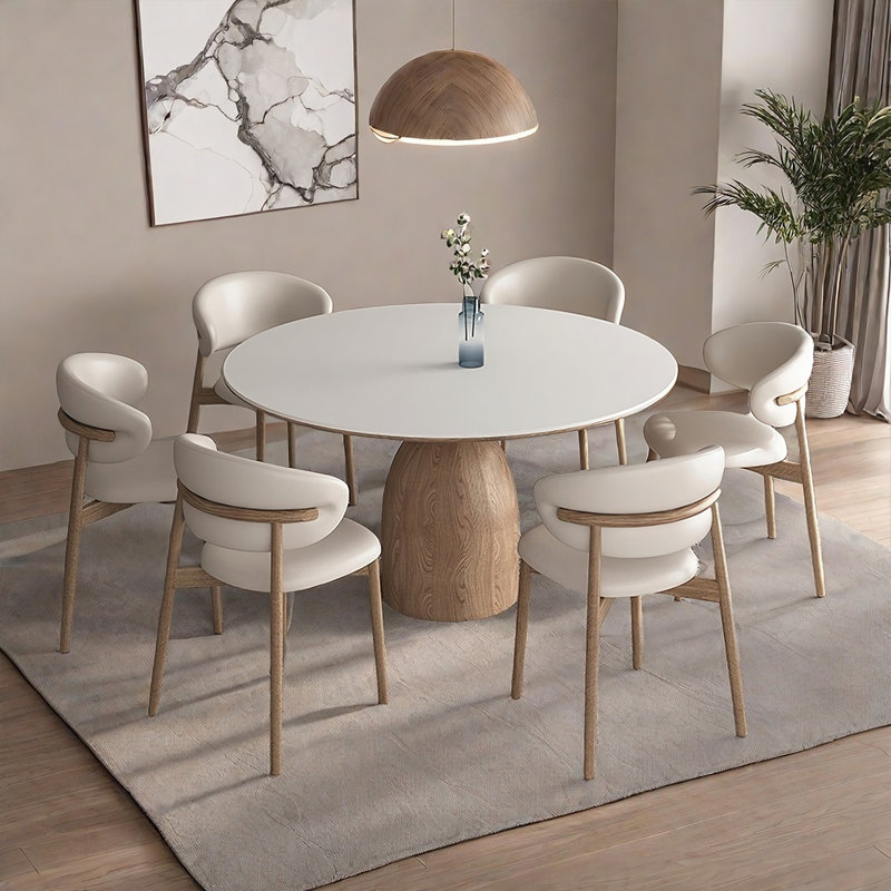 Simple Solid Wood Rock Slab Round Dining Table Sets, 7 pieces, 29.5"H x 53.1"L x 53.1"W