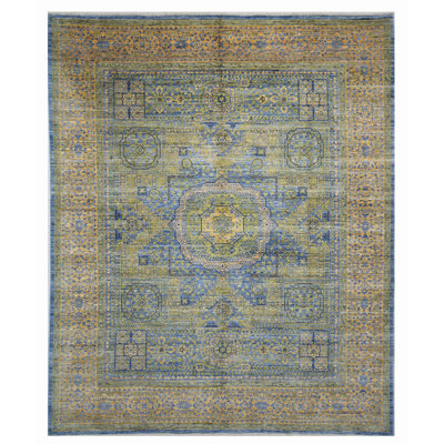 Hand Knotted Wool Area Rug in Blue And Yellow