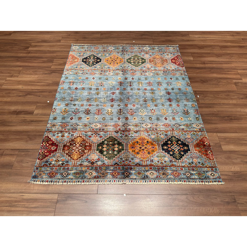 Tapis bleu original en laine et coton noué à la main