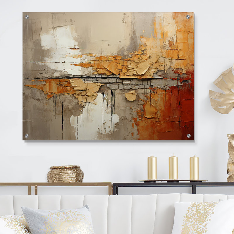 Orange Impressions I - art mural abstrait en acrylique, H 16 po x l 32 po