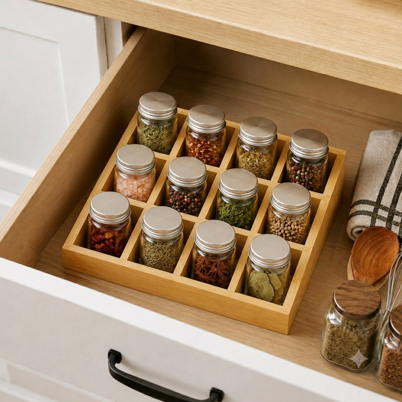 Étagère à épices en bambou avec compartiment à 12 grilles, tablette de rangement pour les comptoirs d'armoires de cuisine