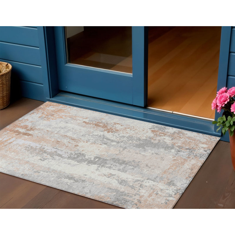 3' X 5' Coral And Ivory Abstract Washable Indoor Outdoor Area Rug