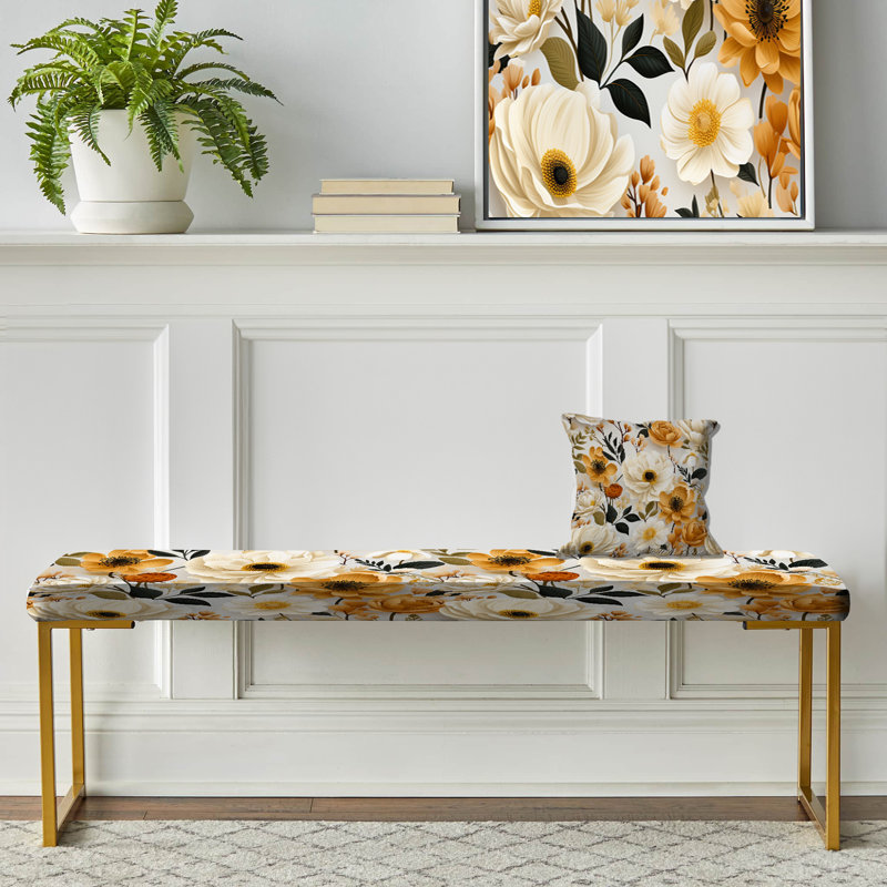 Floral Upholstered Gold Bench, White/Yellow