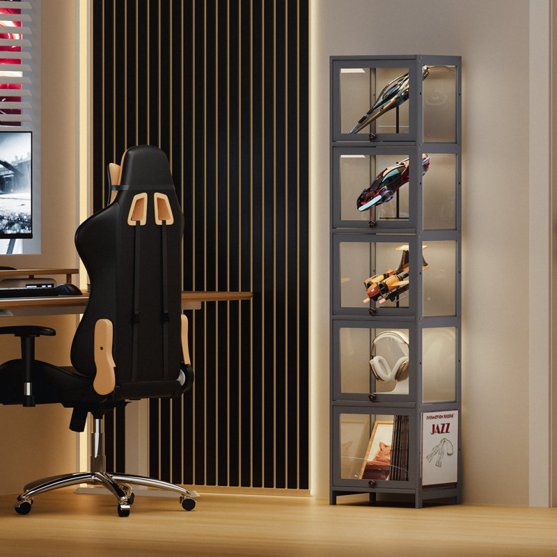 5-Tier Display Cabinet With Flip Up Door, Curio Cabinet Collection Display Shelf Showcase Bookcase, Gray  