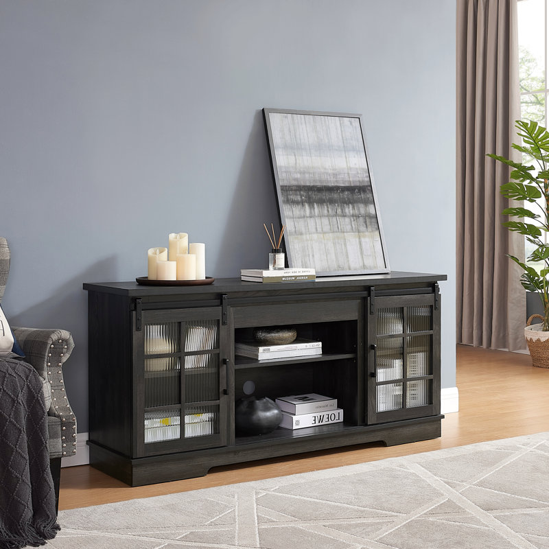 Multipurpose Sliding Door Tv Cabinet Large Storage Cabinet With 2 Sliding Glass Doors, Tv Storage Rack With 23" Fireplace Tv Cabinet, 59.13"W*15.94"D*27.8"H