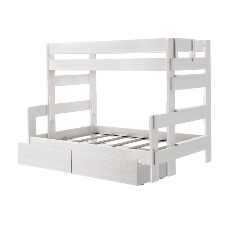 Lit superposé simple en bois massif 2 tiroirs Decimus, Blanc délavé